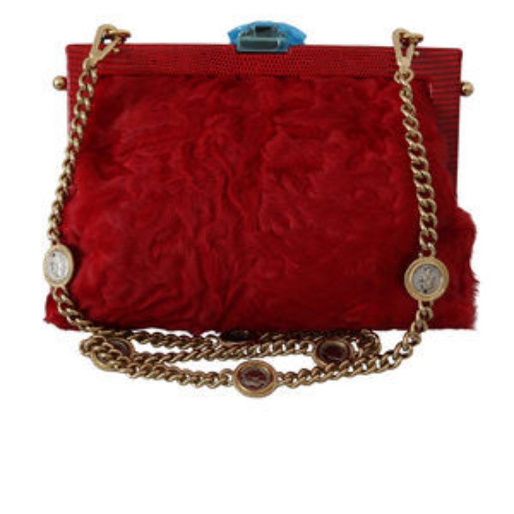 DOLCE & GABBANA Red Fur Brocade Crystal Shoulder Women VANDA Purse (HOT SALE)
